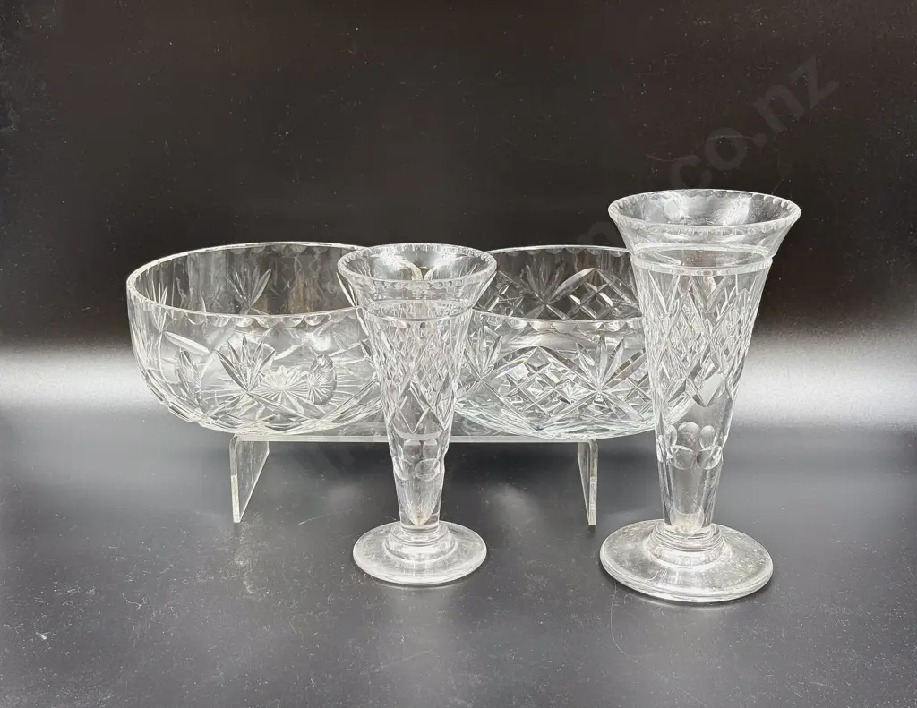 Two Vintage Crystal Fruit Bowls & Two Trumpet Flower Vases Image 1++