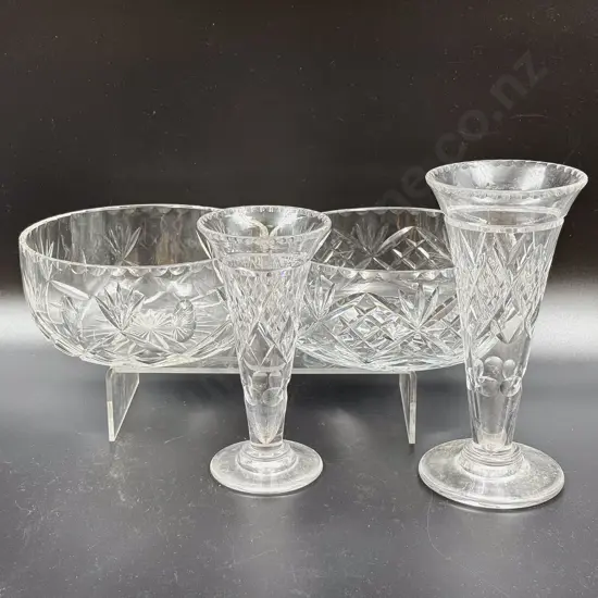 Two Vintage Crystal Fruit Bowls & Two Trumpet Flower Vases