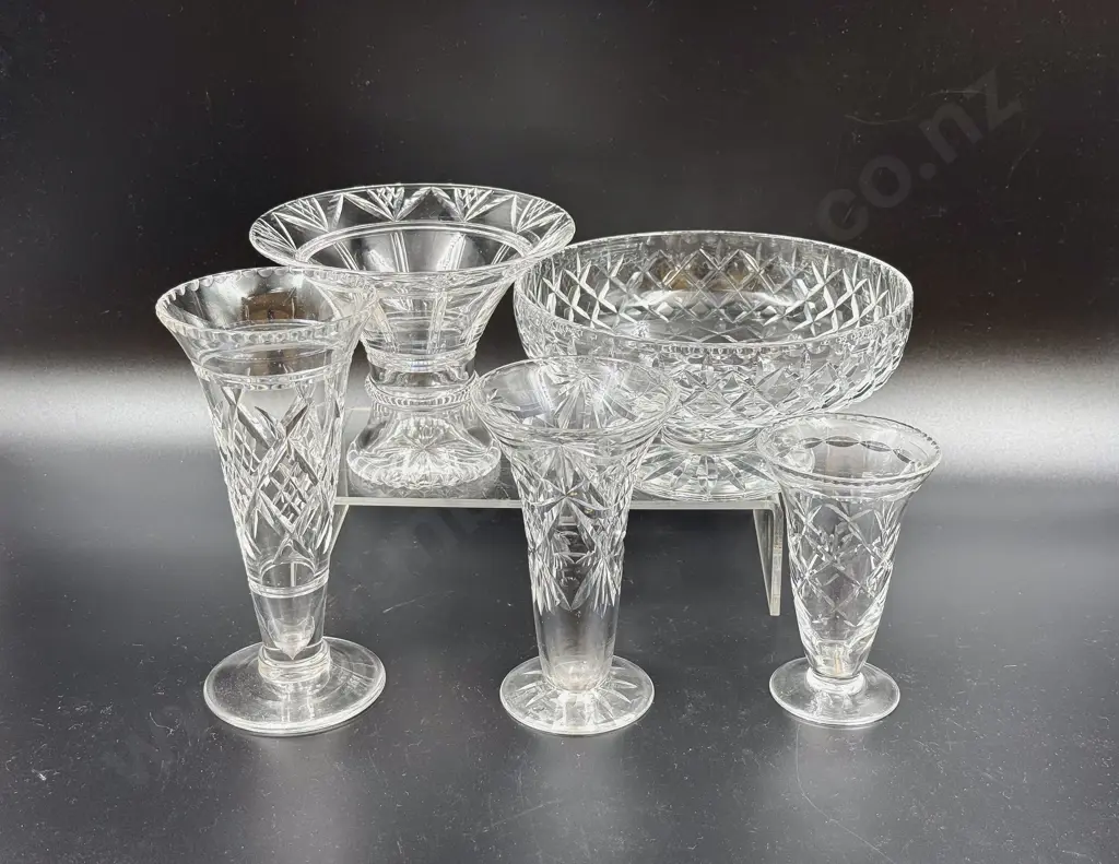 Crystal Footed Fruit Bowl & Four Flower Vases Image 1++