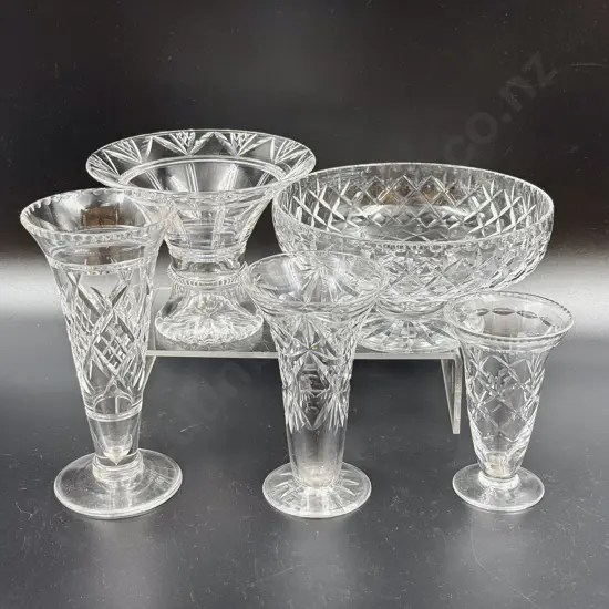 Crystal Footed Fruit Bowl & Four Flower Vases