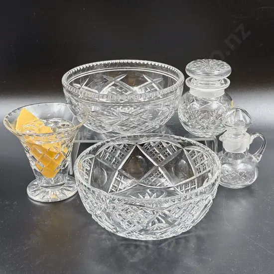 Two Vintage Crystal Fruit Bowls Two Condiments & Flower Vase