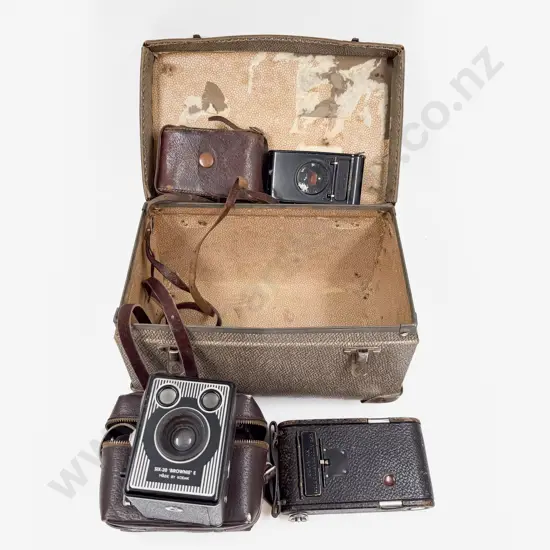 Three Vintage Kodak Cameras in Case