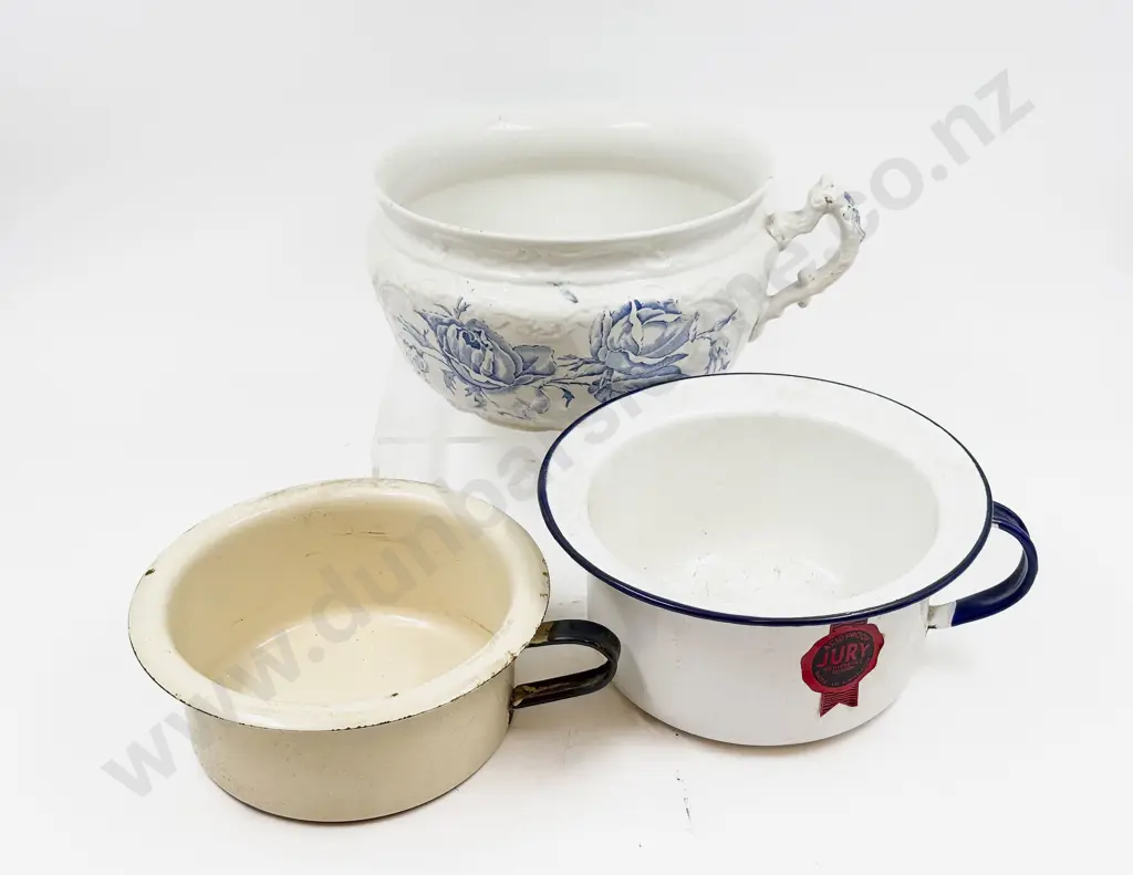 Vict China Chamber Pot & Two Enamel Potties Image 1++