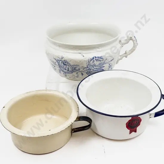 Vict China Chamber Pot & Two Enamel Potties
