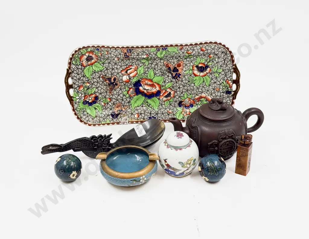 Pair Horn Servers Cloisonne Chinese Teapot & Assorted on Maling Tray Image 1++