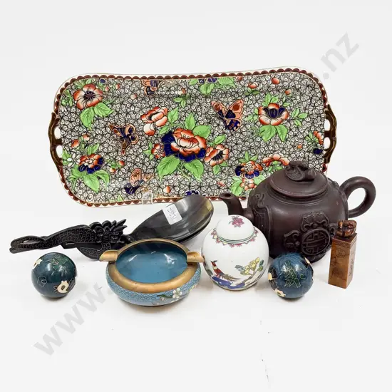 Pair Horn Servers Cloisonne Chinese Teapot & Assorted on Maling Tray