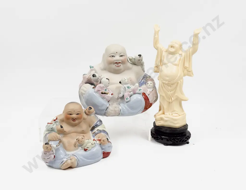 Graduated Pair of Buddha Group Figures together with Resin Figure Image 1++