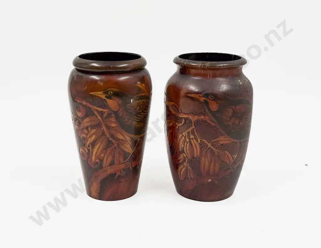 Near Pair of Vintage NZ Poker Work Vases "Huia" Image 1++