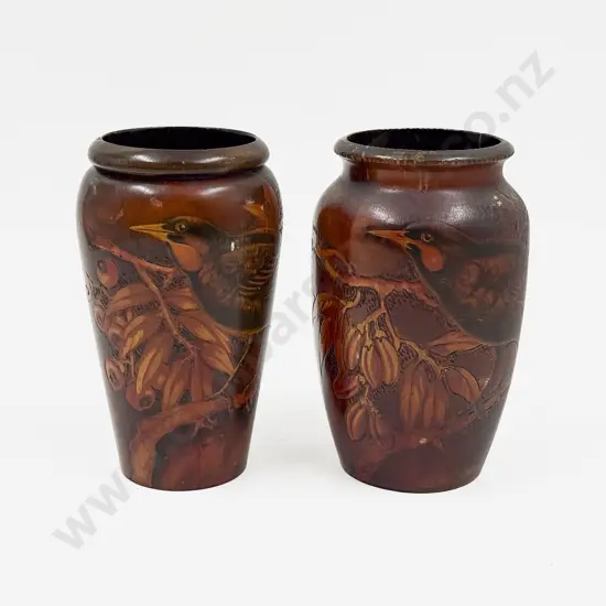 Near Pair of Vintage NZ Poker Work Vases "Huia"