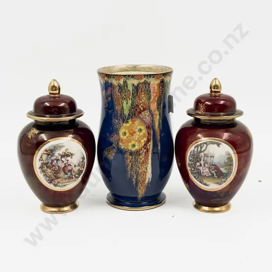A Pair of Small Urns together with Crown Devon Vase