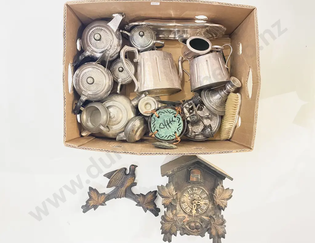 Box Qty of Assorted incl Cuckoo Clock S/P & Other Metal Ware Image 1++