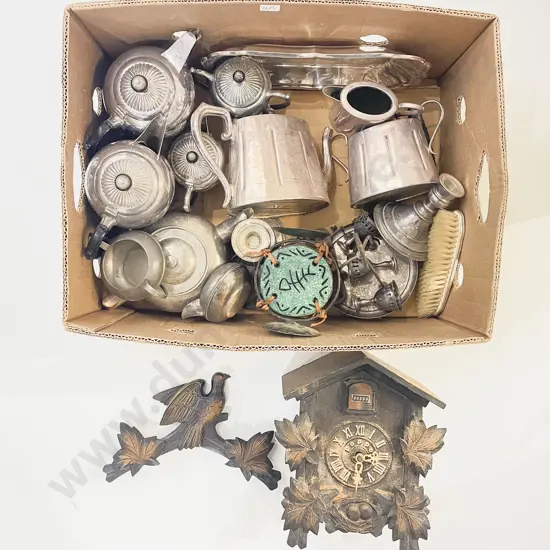 Box Qty of Assorted incl Cuckoo Clock S/P & Other Metal Ware