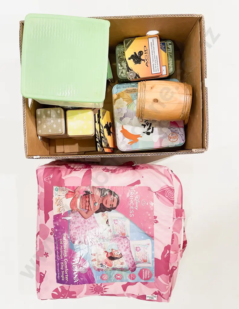 Qty of Assorted Vintage Tins together with Disney Bedspread Image 1++