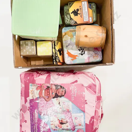 Qty of Assorted Vintage Tins together with Disney Bedspread