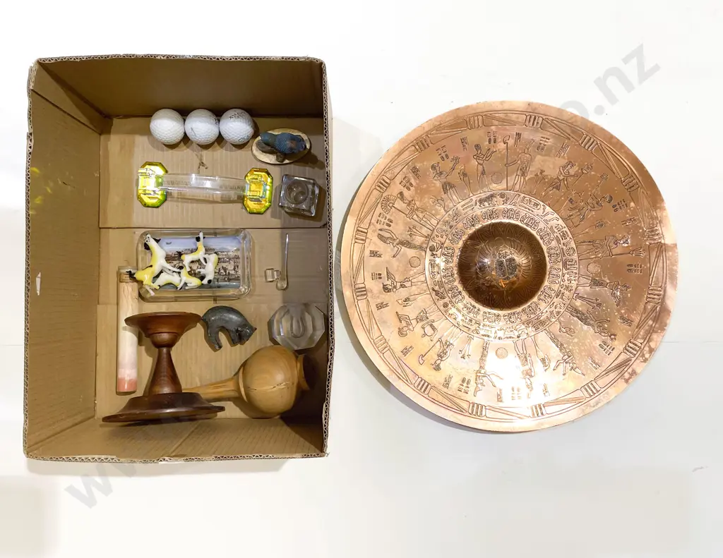 Box Qty of Assorted Glass Ornaments together with Copper Charger Image 1++