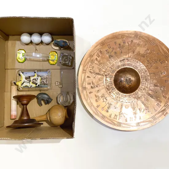Box Qty of Assorted Glass Ornaments together with Copper Charger
