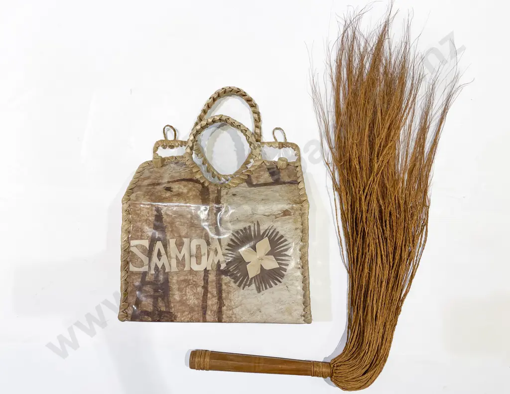 A Vintage Fly Whisk together with Woven Samoa Tourist Ware Bag Image 1++