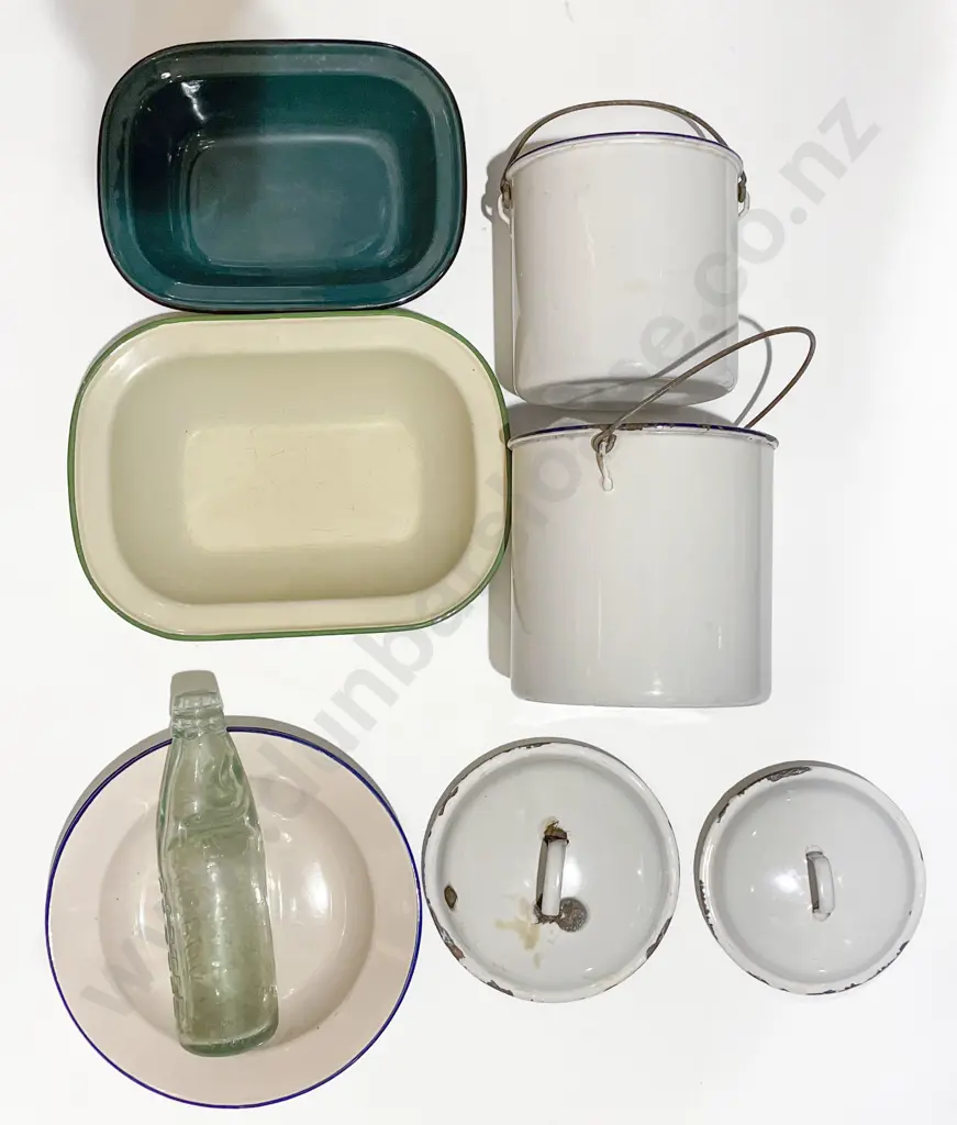Small Qty of Assorted Enamel Ware with Vintage Glass Bottle Image 1++