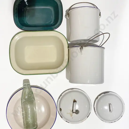 Small Qty of Assorted Enamel Ware with Vintage Glass Bottle