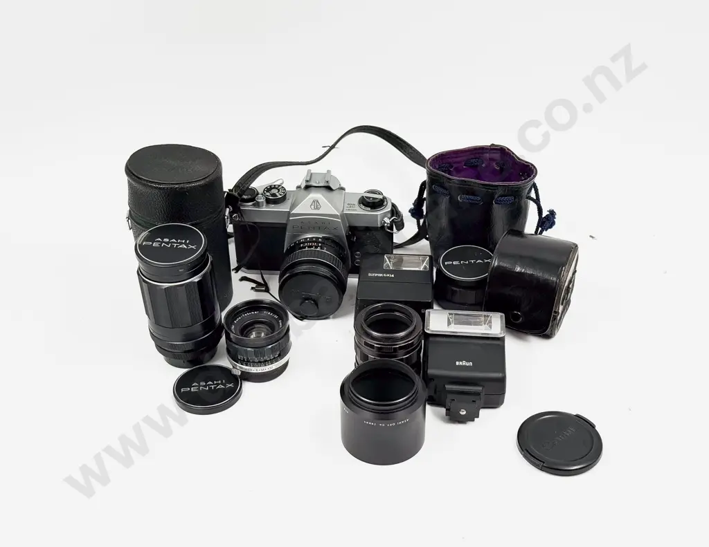 Vintage Pentax Camera with Assorted Camera Accessories Image 1++