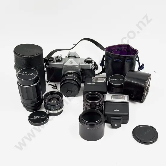Vintage Pentax Camera with Assorted Camera Accessories