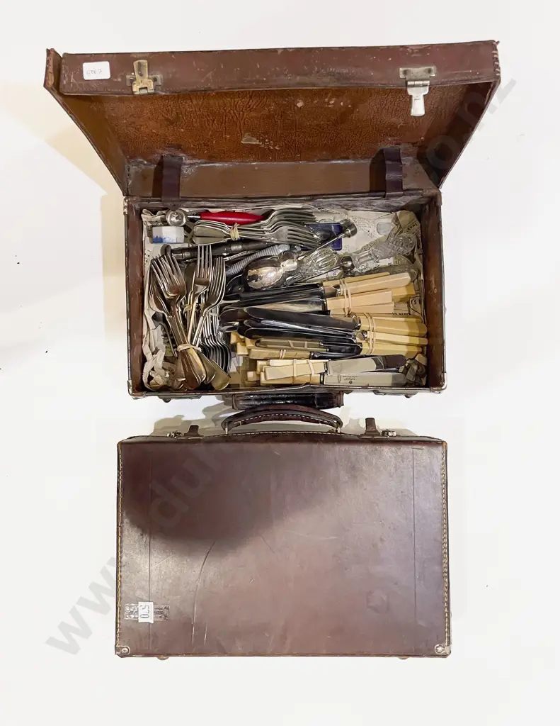 Qty of Assorted Cutlery incl Bone Handled together with Two Leather Suit Cases Image 1++