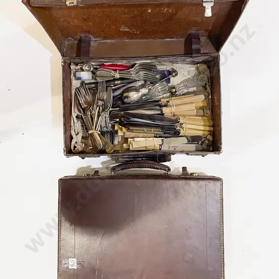 Qty of Assorted Cutlery incl Bone Handled together with Two Leather Suit Cases