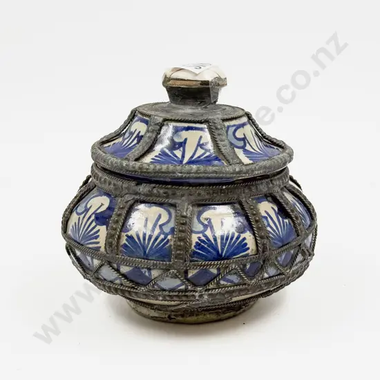 Blue & White Metal Bound Lidded Dish