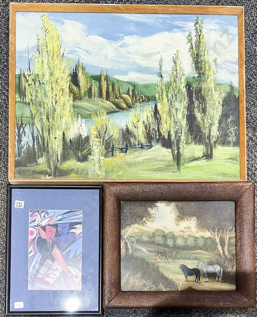 Unsigned Vintage European Landscape Study with Horses - Oil on Board together with Two Others Image 1++