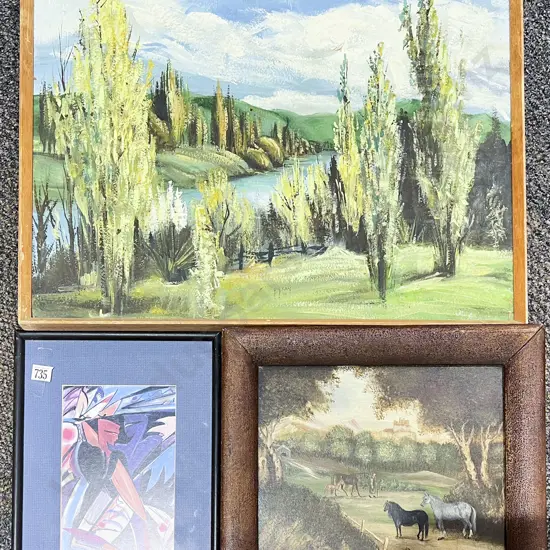 Unsigned Vintage European Landscape Study with Horses - Oil on Board together with Two Others