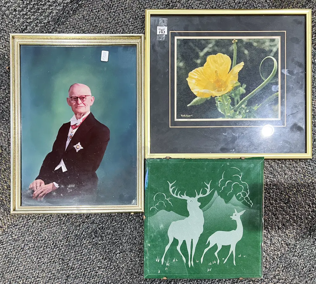 Vintage Embossed Feltwork of Stag & Doe together with Two Others Image 1++