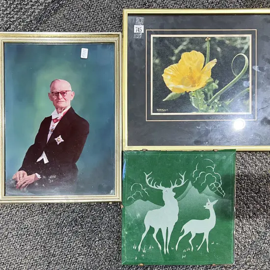 Vintage Embossed Feltwork of Stag & Doe together with Two Others