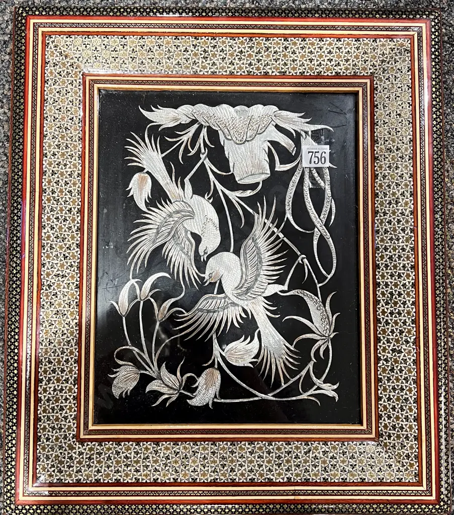 Marquetry Framed Persian Engraved Metal Bird Study Image 1++