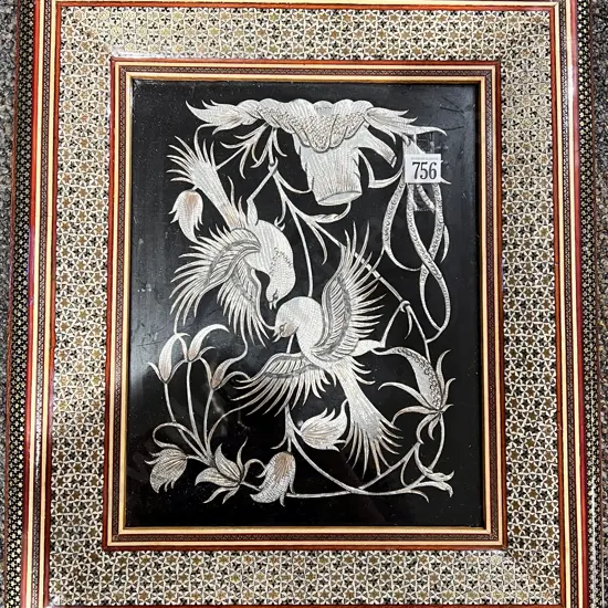 Marquetry Framed Persian Engraved Metal Bird Study