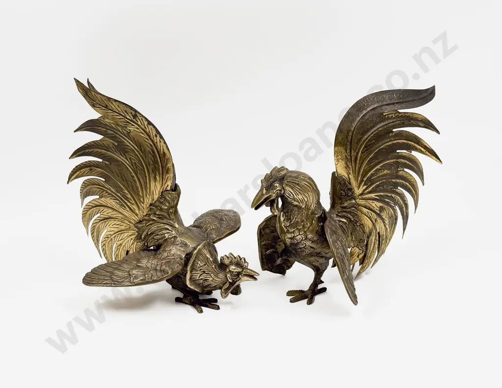 Pair of Brass Fighting Cockerals Image 1++