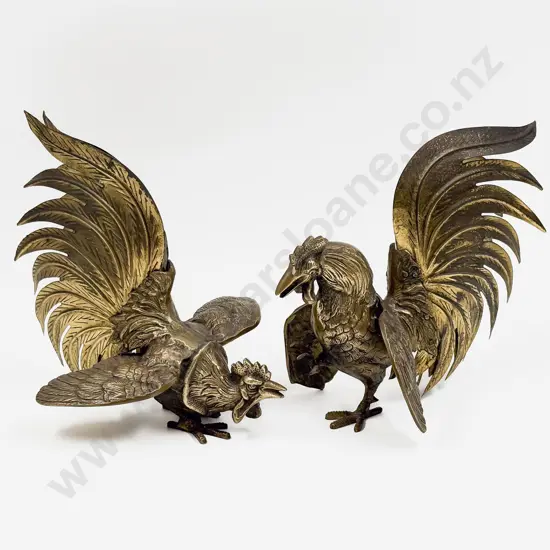 Pair of Brass Fighting Cockerals