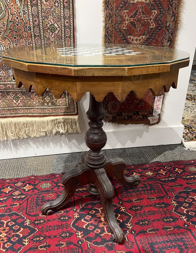Antique Marquetry Top Games Table with Glass Top Image 1++