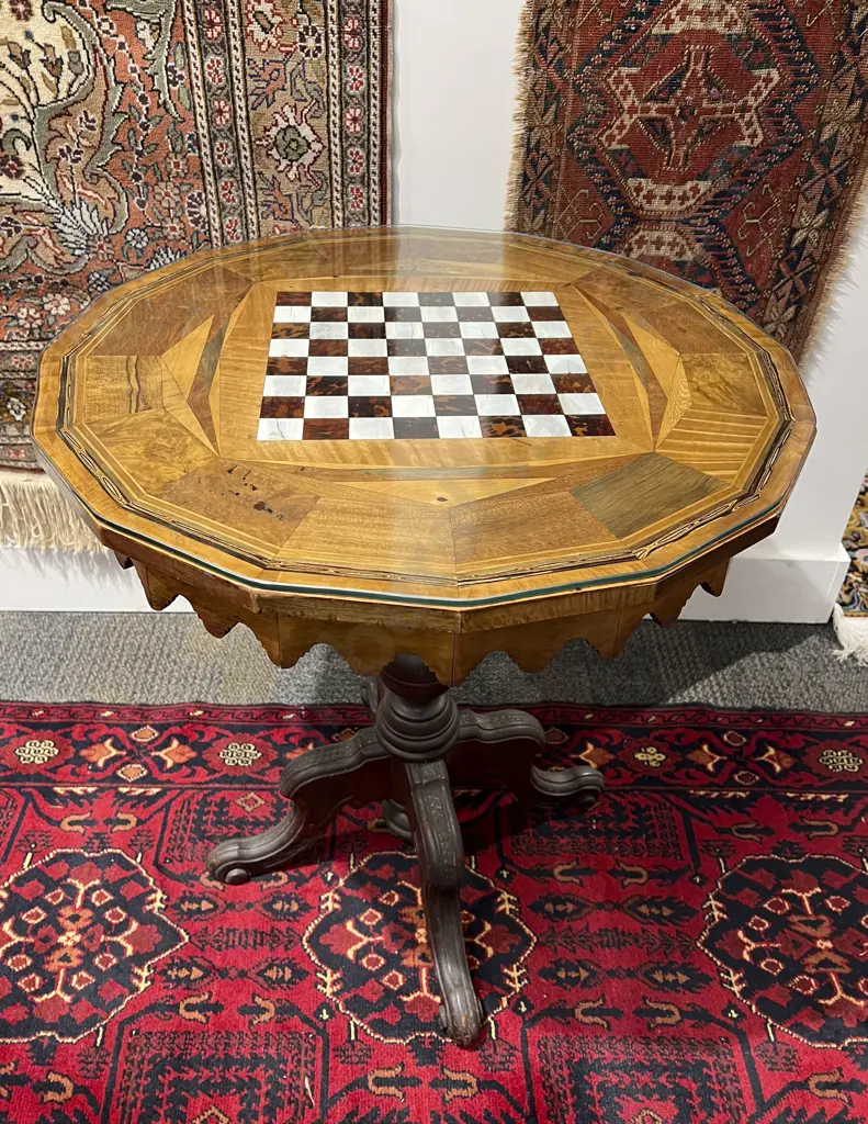 Antique Marquetry Top Games Table with Glass Top Image 1++