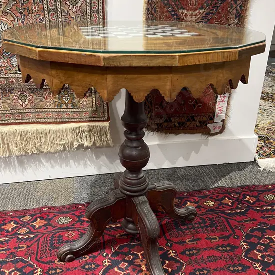 Antique Marquetry Top Games Table with Glass Top