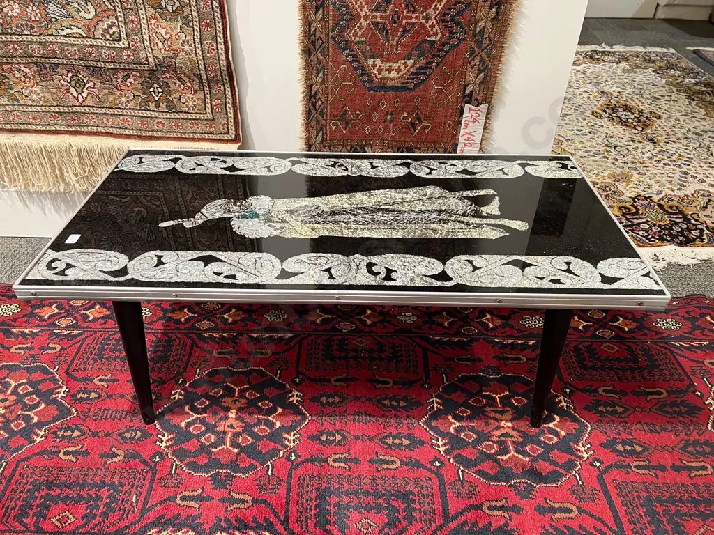 Mid Century Coffee Table with Foiled Maori Motif Image 1++