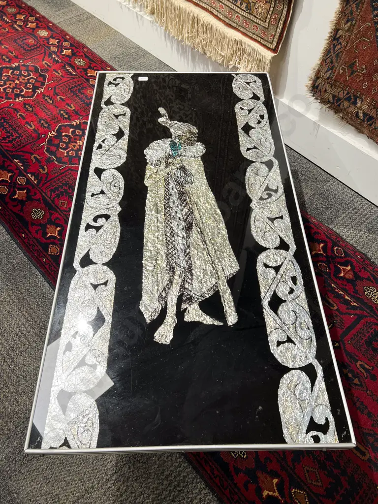 Mid Century Coffee Table with Foiled Maori Motif Image 1++