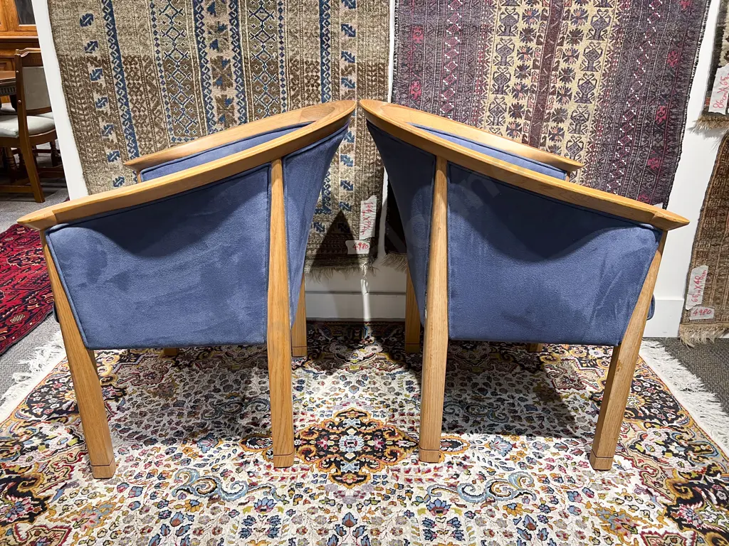 Pair of Modern Oak & Upholstered Tub Chairs Image 1++