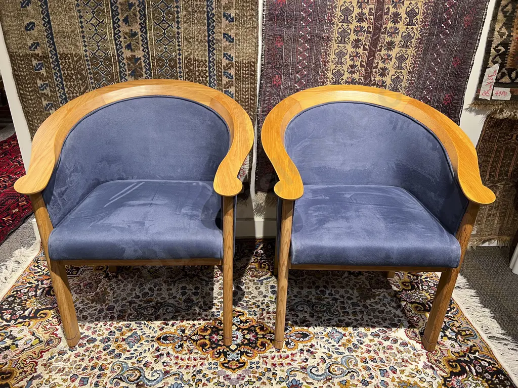 Pair of Modern Oak & Upholstered Tub Chairs Image 1++