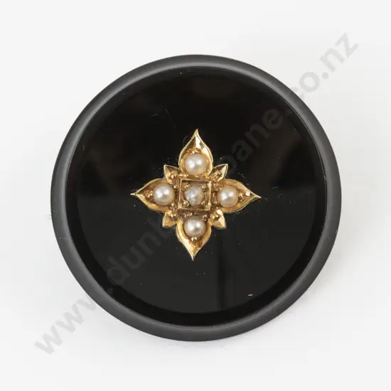 Victorian 9ct Onyx and Seed Pearl Circular Brooch