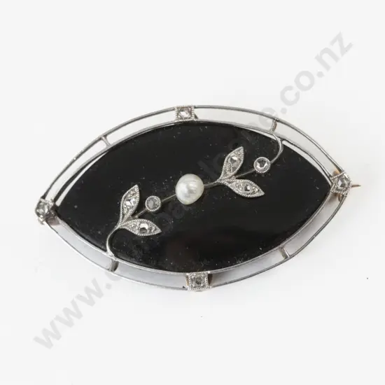 9ct White Gold Diamond Onyx and Cultured Pearl Brooch