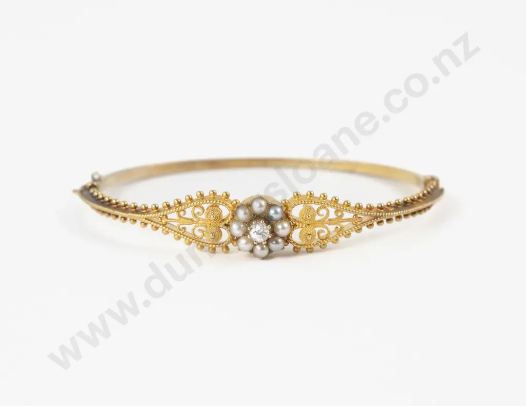 Victorian 9ct Seed Pearl and Diamond Hinged Snap Bangle Image 1++