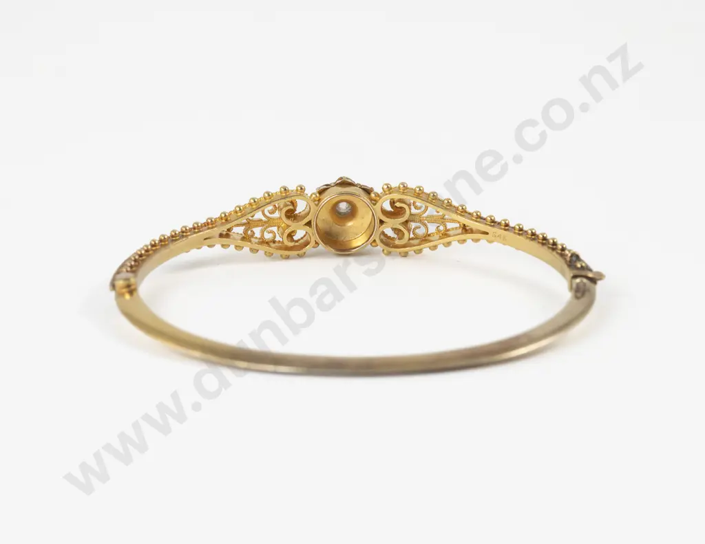 Victorian 9ct Seed Pearl and Diamond Hinged Snap Bangle Image 1++