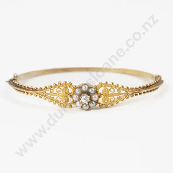 Victorian 9ct Seed Pearl and Diamond Hinged Snap Bangle
