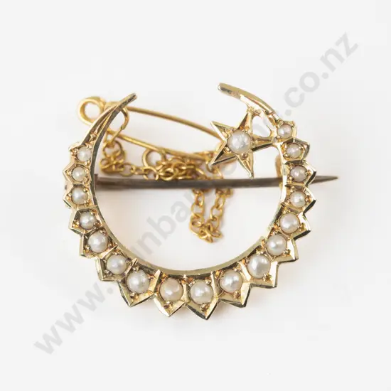 Victorian 15ct Seed Pearl Crescent Brooch