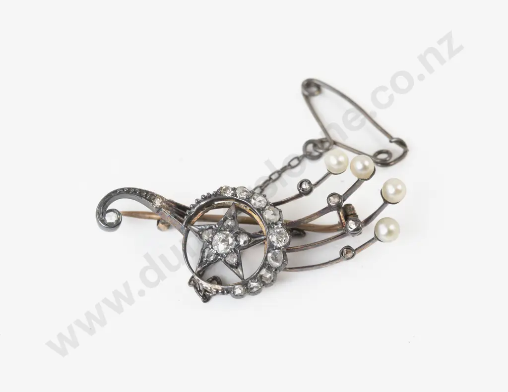 Victorian 25Stone Diamond and Pearl Crescent and Shooting Star Brooch Image 1++
